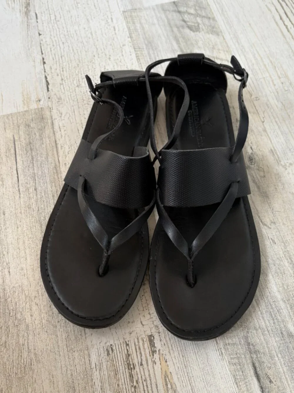 American Eagle Women's Size 8 Black Flat Sandals Ankle Strap Thong Faux Lthr
